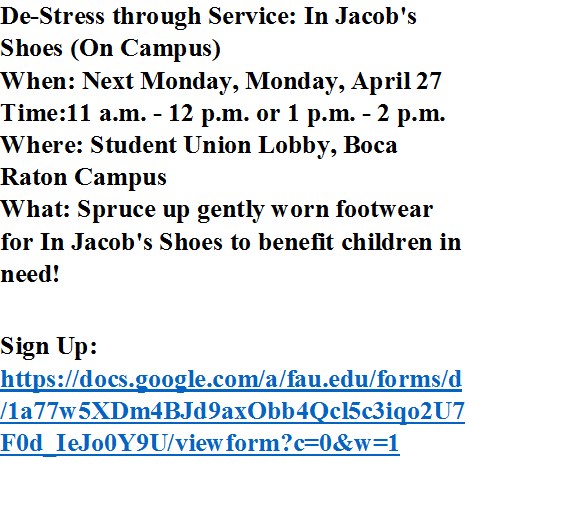 FAUasb2015's tweet photo. Feeling Stressed about finals approaching? Well De-Stress through Service! 
Sign up: https://t.co/o9h2QGkB2K http://t.co/biZYsHvz2N