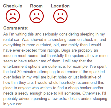 ShittyHotel's tweet photo. Sad face for location? Now you're just being vindictive. Sadly, the rest is true. #fml #ihatemyjob #shittyhotel http://t.co/m9kDBFQFC6