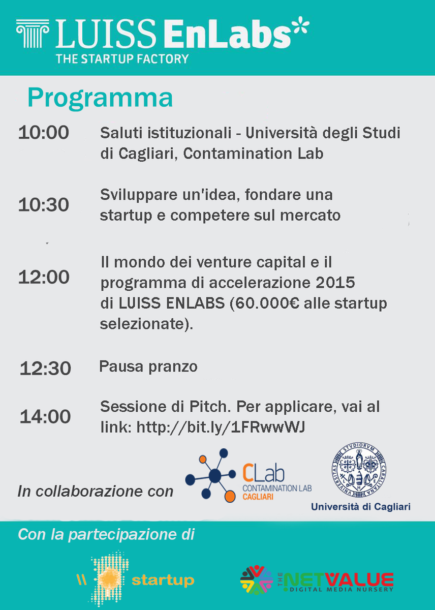 sarah_loi's tweet photo. 23 Aprile, 9:30-Ex teatro Anatomico @Comune_Cagliari-Argomenti #startup e #innovazione con @5anatre @valpodd @EnLabs http://t.co/5dll9KhNw9