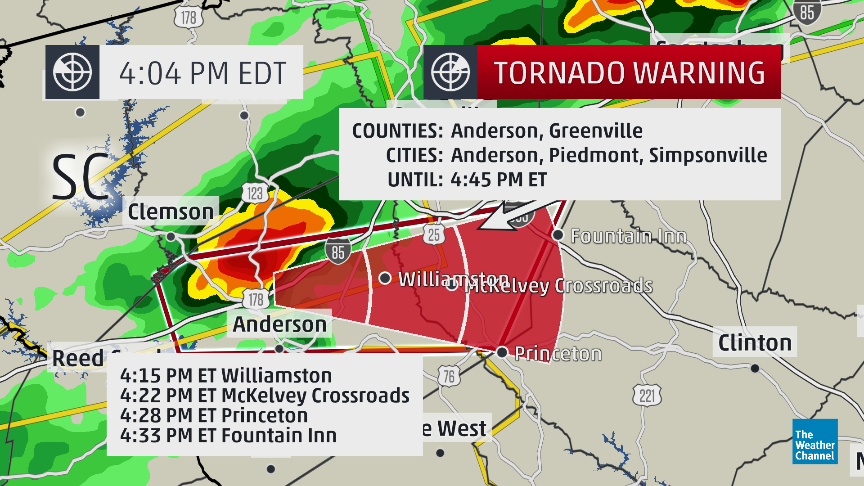 Anderson: 4:04pm: #Tornado warning until 4:45pm for Anderson, SC area