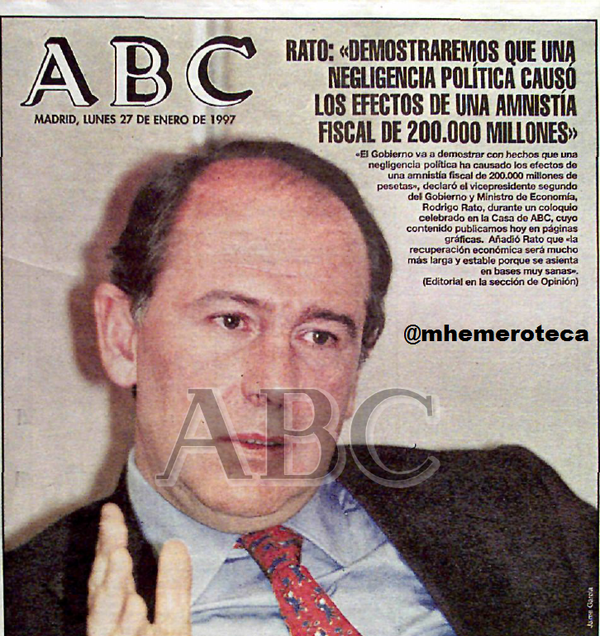 Mhemeroteca's tweet photo. 1997 Rato denuncia al PSOE x una AMNISTÍA FISCAL

Portadón de ABC http://t.co/TdqUqegLvt