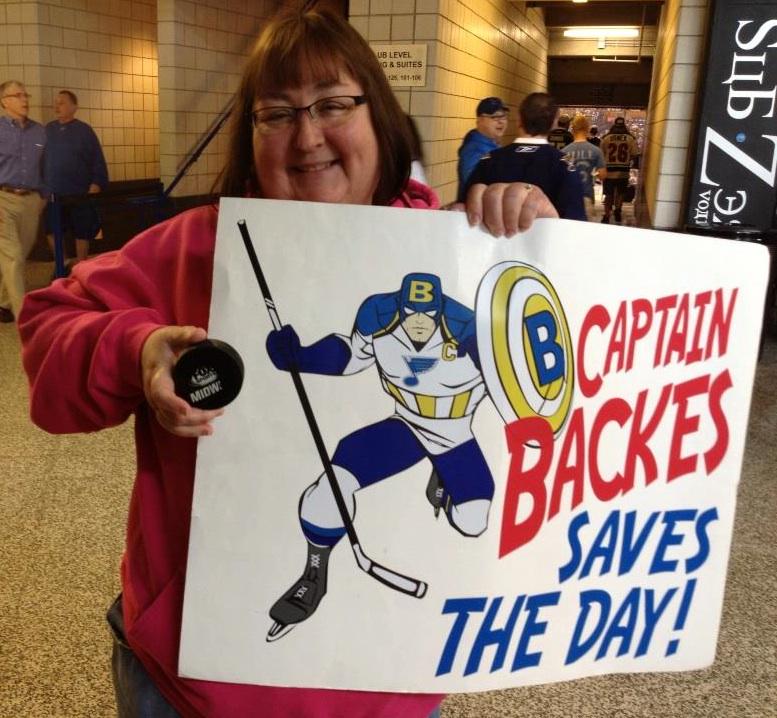 BluesSignGirl's tweet photo. @StLouisBlues Thanks for the puck @dbackes42  Little did I know my sign would NAIL your accomplishment for the game! http://t.co/qLGjTfje0A