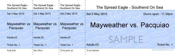 Mayweather vs Pacquiao tickets available for sale from Tuesday 21st April <a href="/SpreadEagleSOS/">SpreadEagle Southend</a>. Come in a grab your ticket