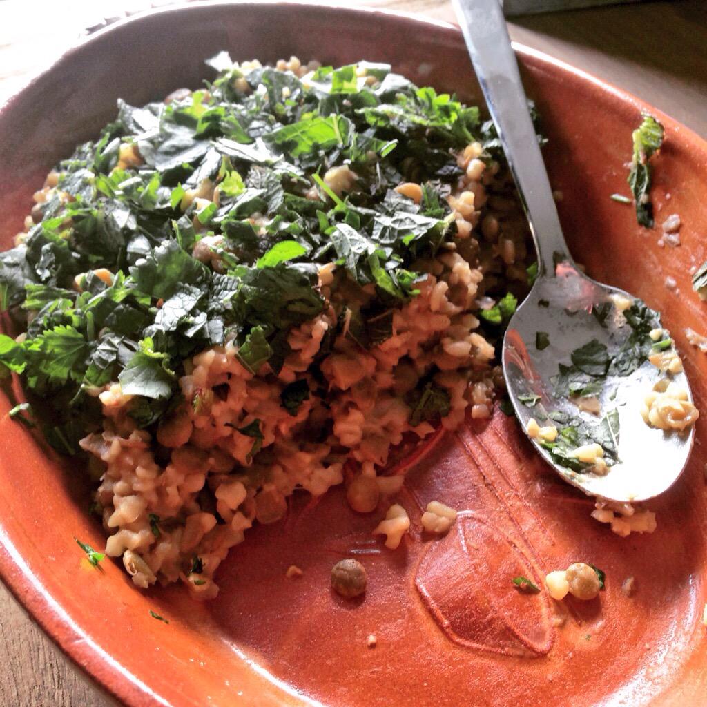 Libanese mujaddara variant van groene linzen en bulgur met een munt-koriander topping en warme olijfolie. Yum!