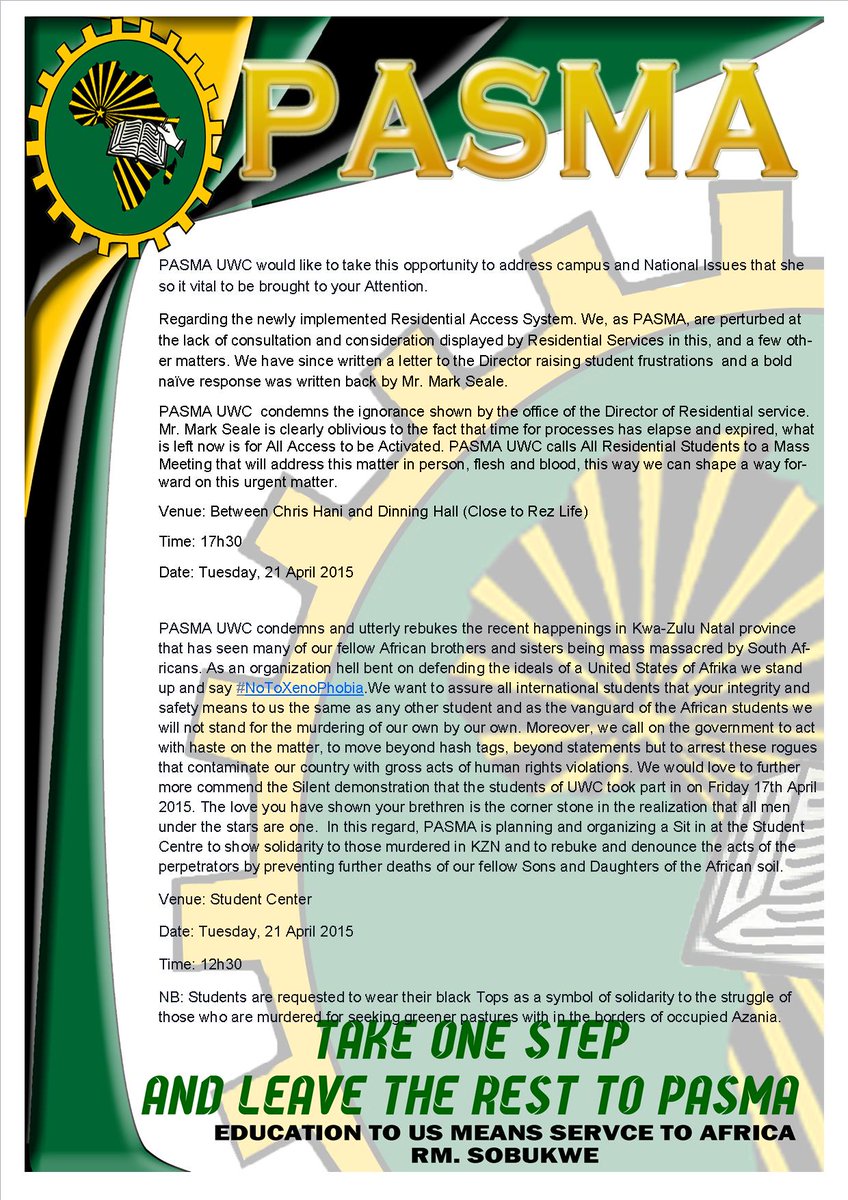 PASMA_UWCBranch's tweet photo. We refuse to remain silence while Azania burns. @ROZA_Nangok @BuntuSixaba @FNBUWCRugby @Tshezi_Q @lwerasmdleleni http://t.co/WmHCKsnAhm