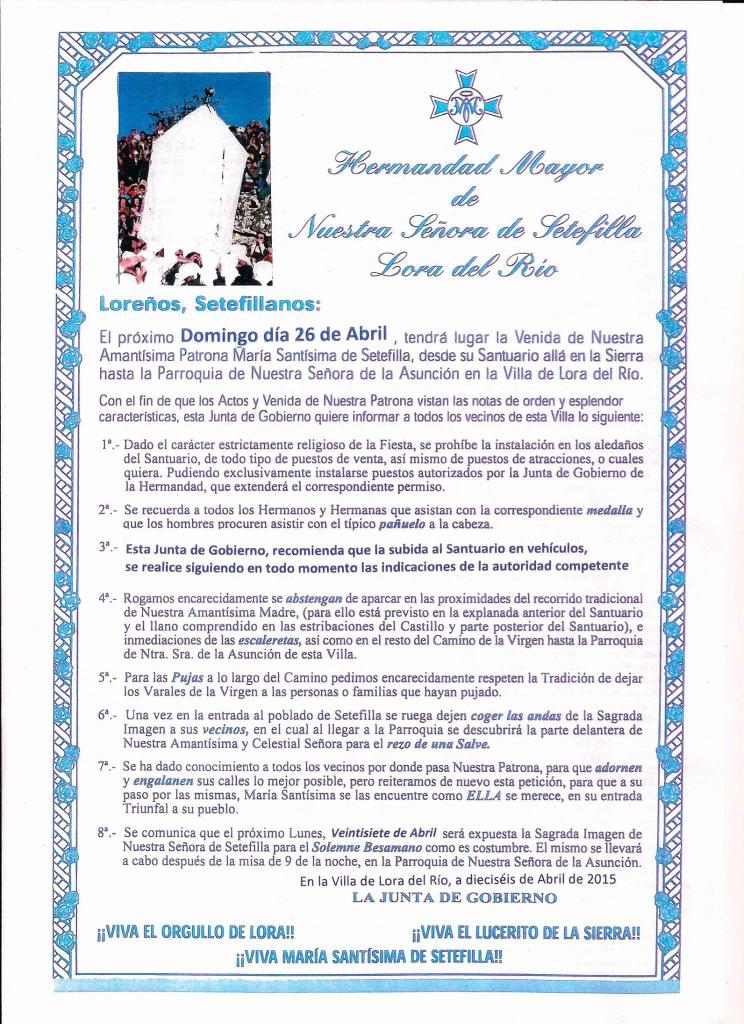 aytoloradelrio's tweet photo. Comunicaciones realizadas por la Hermandad de Ntra Sra de Setefilla por la Venida de la Imagen el domingo 26 de abril http://t.co/lvyYRqV1NR