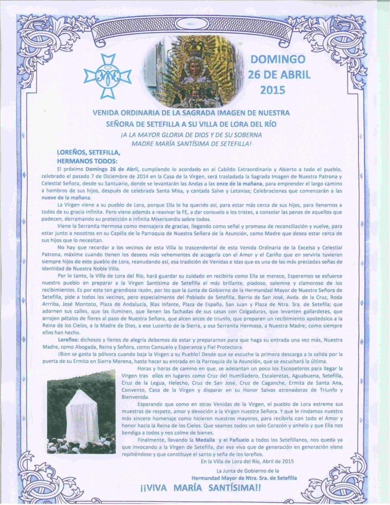 aytoloradelrio's tweet photo. Comunicaciones realizadas por la Hermandad de Ntra Sra de Setefilla por la Venida de la Imagen el domingo 26 de abril http://t.co/lvyYRqV1NR