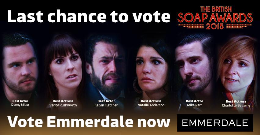 emmerdale's tweet photo. RETWEET and FAVOURITE: 
LAST CHANCE! Voting closes TOMORROW 12pm - Vote #Emmerdale http://t.co/hNwuIHKNnI http://t.co/Tlw2vhLKCJ