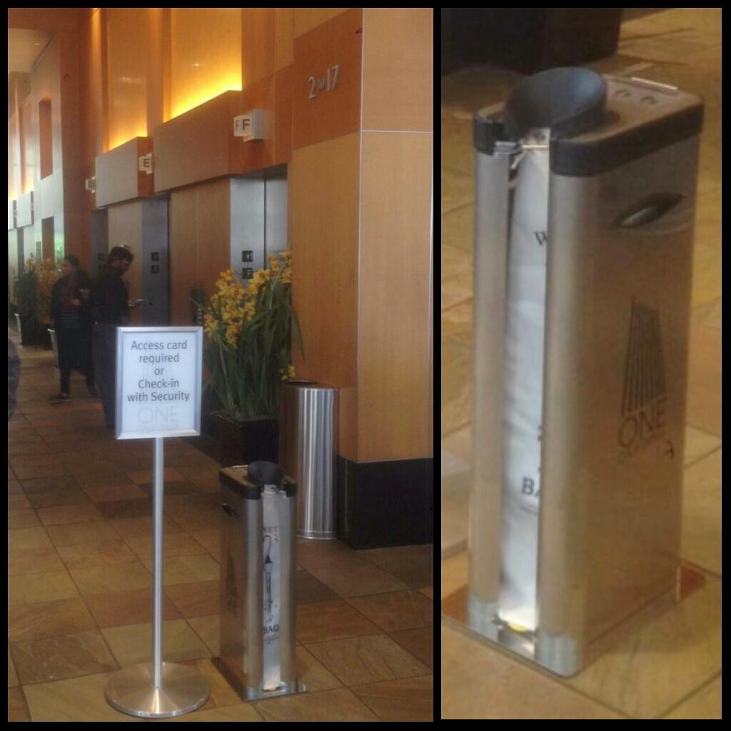 Drop_Stopper's tweet photo. One California Street is prepared for wet weather with a #convenient wet umbrella bag dispenser! @CBRE #DropStopper http://t.co/jLXOtfCRm2