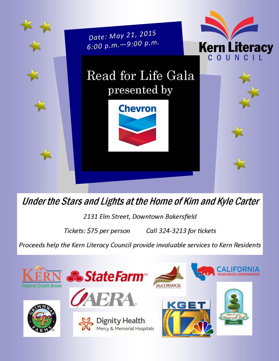 Read for Life Gala presented by <a href="/Chevron/">Chevron</a> . May 21: 6 p.m. - 9 p.m. under the stars at the Kim and Kyle Carter home.