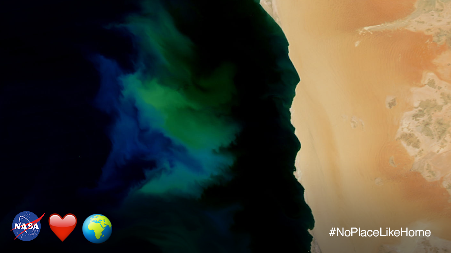 NASAClimate's tweet image. 2 days till #EarthDay! Here’s a #NASA look at a phytoplankton bloom off the coast of Namibia, Africa #NoPlaceLikeHome
