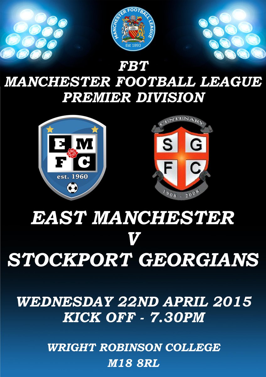 East Manchester FC (@eastmancfc) on Twitter photo THIS WEDNESDAY
@FBTMFL Premier Division
East v <a href="/OfficialSGFC/">Stockport Georgians FC</a>
7.30pm Kick Off
<a href="/WriRobLeisure/">Wright Rob Leisure</a> THIS WEDNESDAY
@FBTMFL Premier Division
East v <a href="/OfficialSGFC/">Stockport Georgians FC</a>
7.30pm Kick Off
<a href="/WriRobLeisure/">Wright Rob Leisure</a>