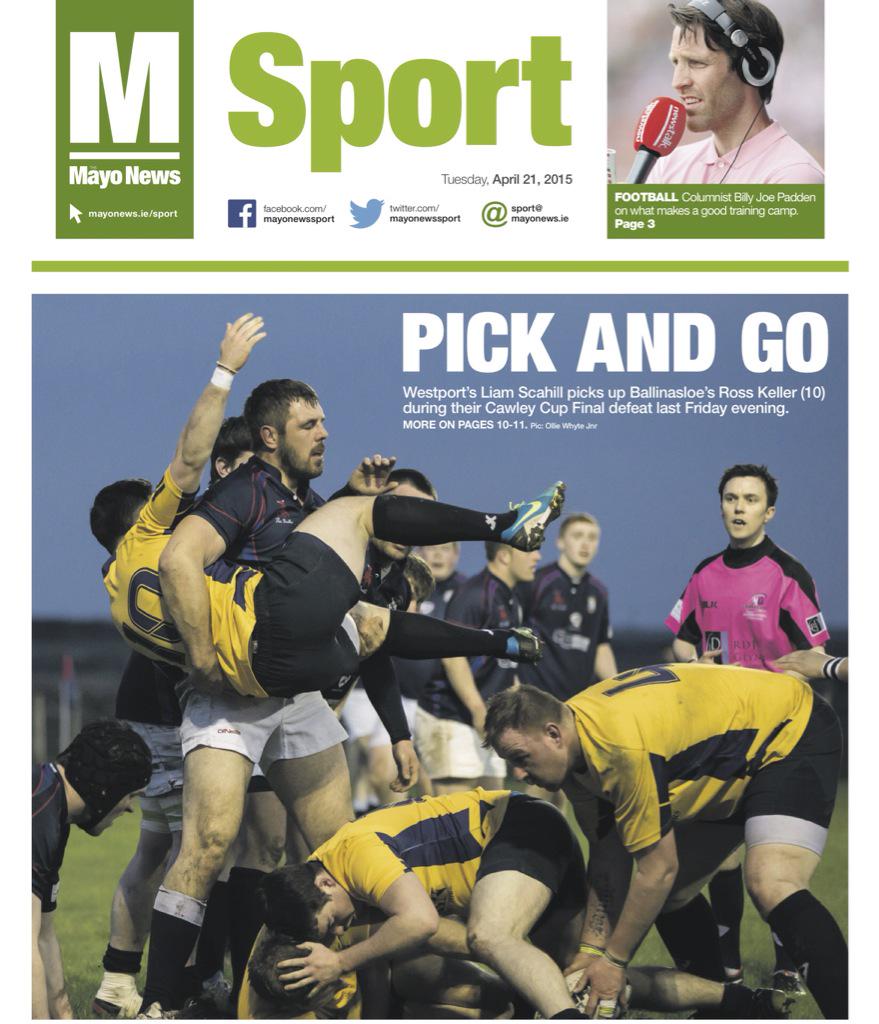 mayonewssport's tweet photo. Here's tomorrow's page 1 featuring a super pic taken by Ollie Whyte Jnr. @westport_rfc #tomorrowspaperstoday http://t.co/l5wQTxrIHv