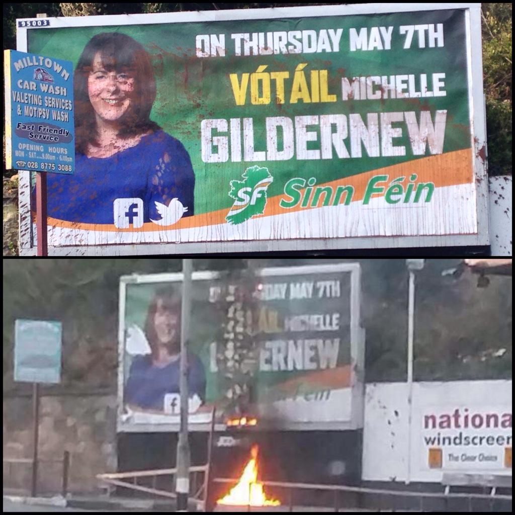 IrishUnity's tweet photo. The defacing &amp; burning of Michelle Gildernew's billboard is a disgrace. Retweet to show your disgust. #Gildernew4MP http://t.co/0cZeZ3LjnG