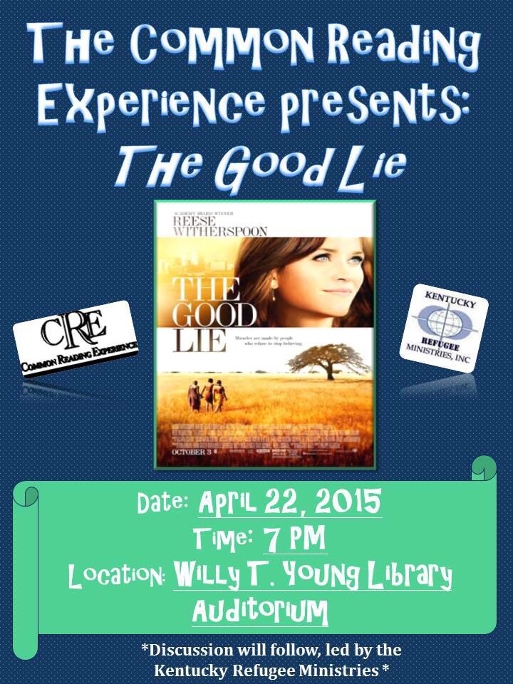 UKCommonReading's tweet photo. Join the CRE and @KyRefugee for "The Good Lie" screening Wed. April 22 at 7 p.m. in W.T. Young Library! #CRE14 http://t.co/IoQzuCuToB