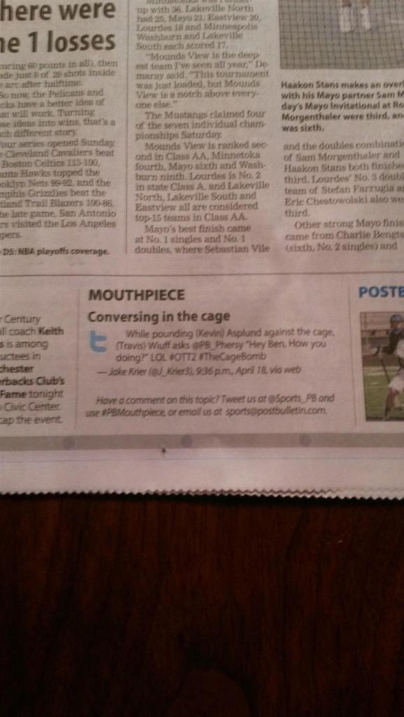 J_Krier3's tweet photo. Love seeing #TheCageBomb making an appearance in the @Sports_PB! #PBMouthpiece http://t.co/2d9o1BcAzZ
