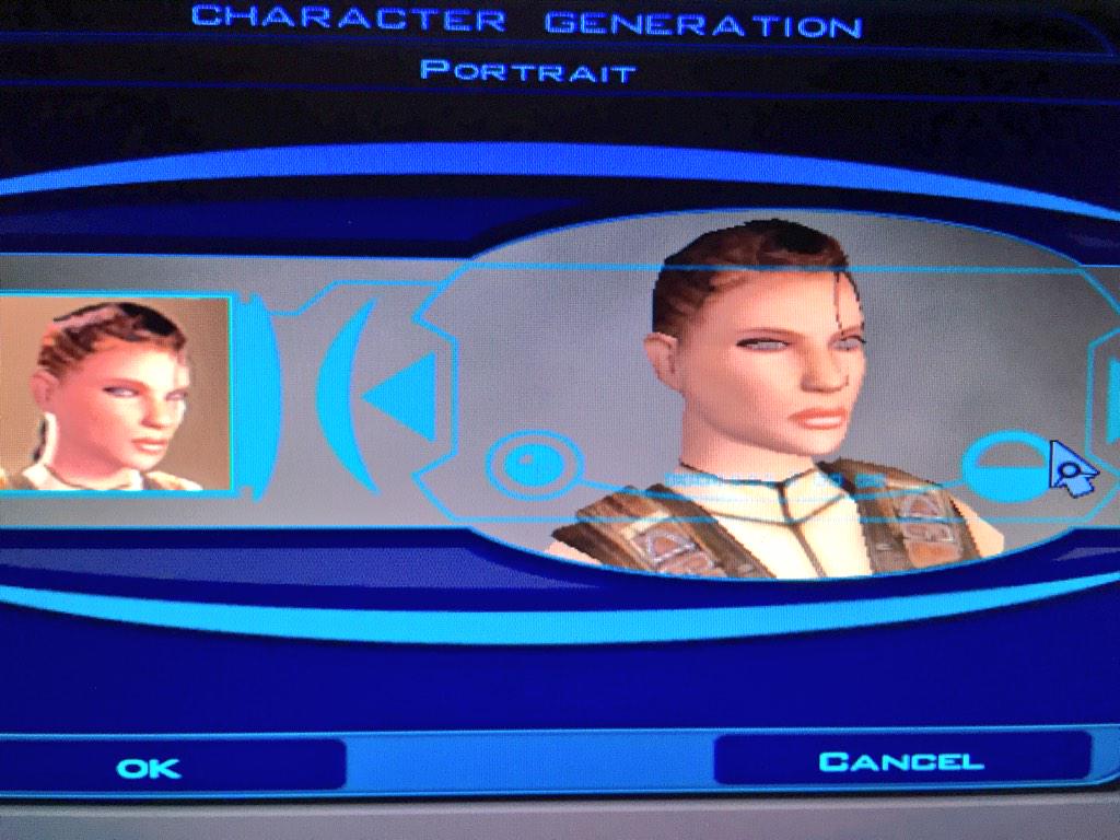 emma_hurth's tweet photo. Wow.  Two minutes into KotOR and already I look like Angelina Jolie.  Not bad...not bad... http://t.co/M797UXL7sO