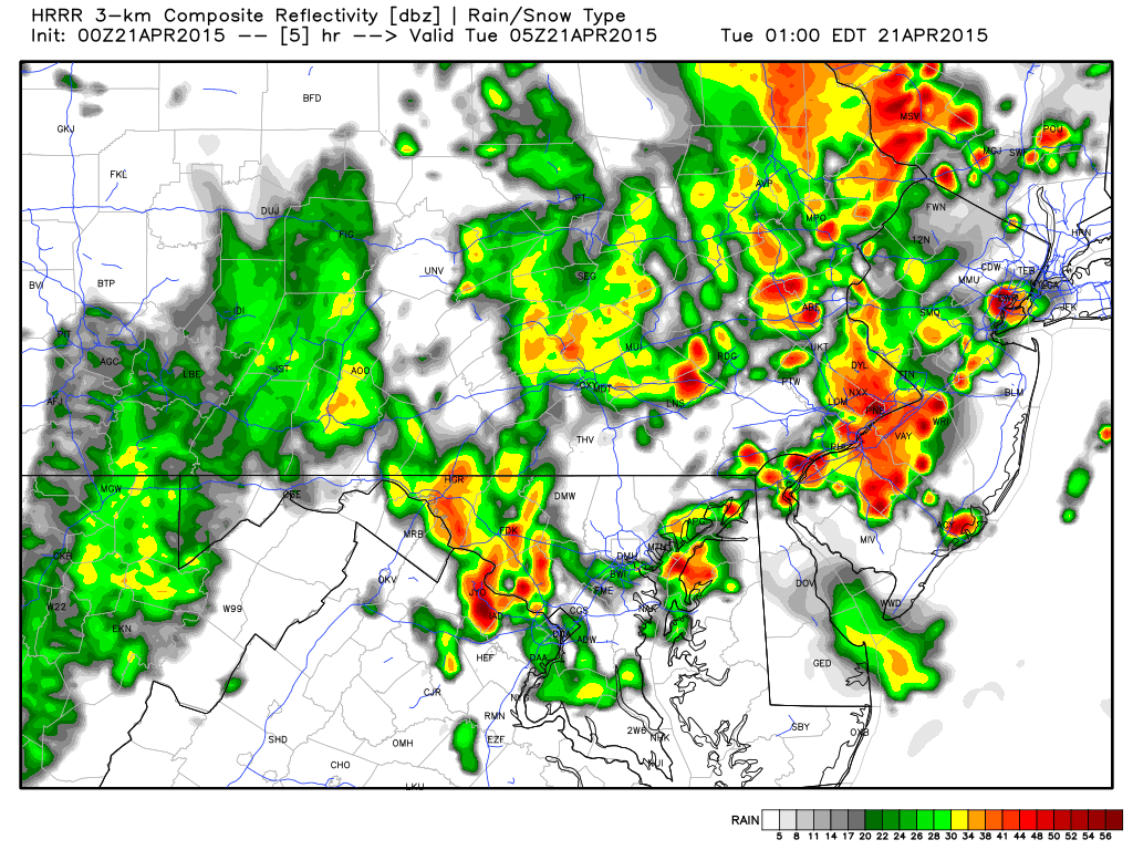myWeatherNJ's tweet image. The latest HRRR breaks scattered thunderstorms across NJ around midnight.