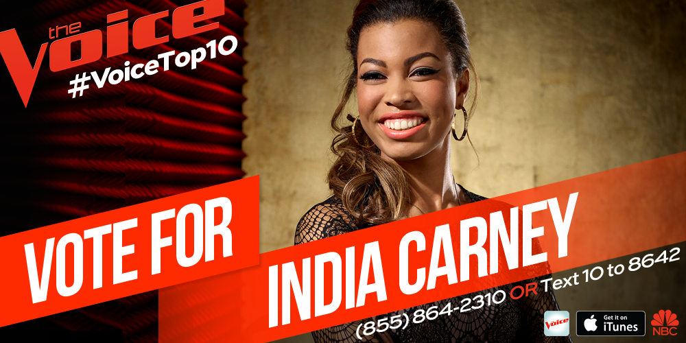 NBCTheVoice's tweet photo. RT if you’re running to vote for @indiacarney tonight! #VoiceTop10 http://t.co/qejJlIBPjp