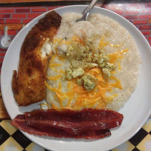 tilapiaking's tweet image. BREAKFEST: MOIST DELECTABLE SALOMON CROQUET, BUTTERY GRITS, AND HOME FRIES WITH FRIED GREEN TOMATOE
