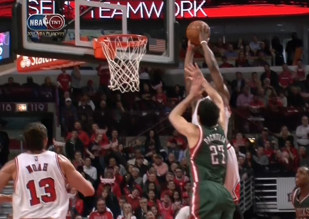 BleacherReport's tweet photo. VIDEO: Jimmy Butler picks up 3 the hard way on a big and-1 dunk with both hands! #NBAPlayoffs http://t.co/a7lwZHqLbx http://t.co/Gx38gDMdeh