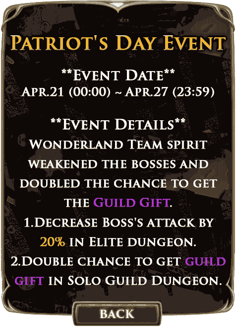 Alicevswndrlnd's tweet photo. Happy #Patriot's Day! Our team spirit growths stronger. The bosses are weaker and Guild Gifts are doubled! http://t.co/nIQsm0fih6