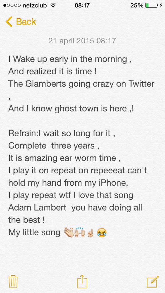MandyPinkyminky's tweet photo. #earlybert 👻💪but for @adamlambert I wrote a couple sentences about Ghosttown and the reactions . 🎢 👈 feeling wow 🙆👏📱 http://t.co/M6U0rKFLic