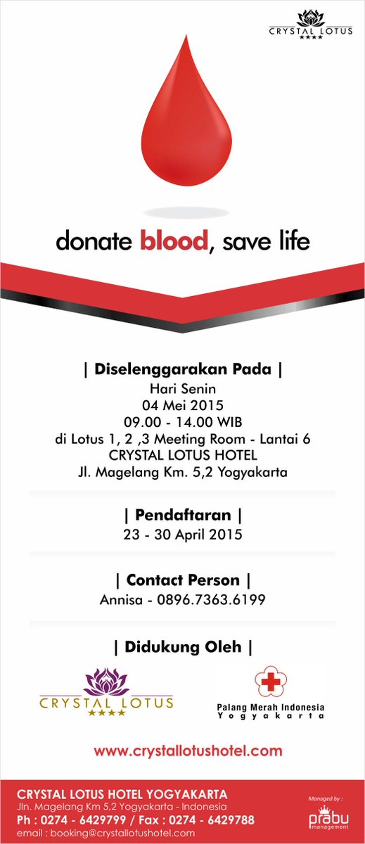 #jogja <a href="/SeputarEvent/">IG : SeputarEvent</a> 4/5/15 9.00-14.00 DonorDarah di crystallotus01 
hotel - Jl. Magelang Km. 5,2 Yk