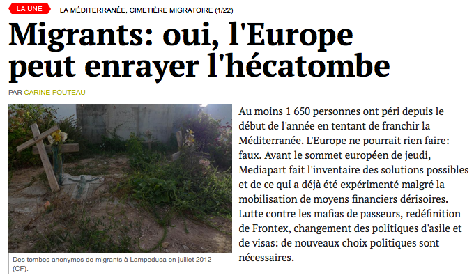 Mediapart's tweet image. Migrants : l'Europe dispose de nombreux moyens pour enrayer l’hécatombe mdpt.fr/1cU54kn