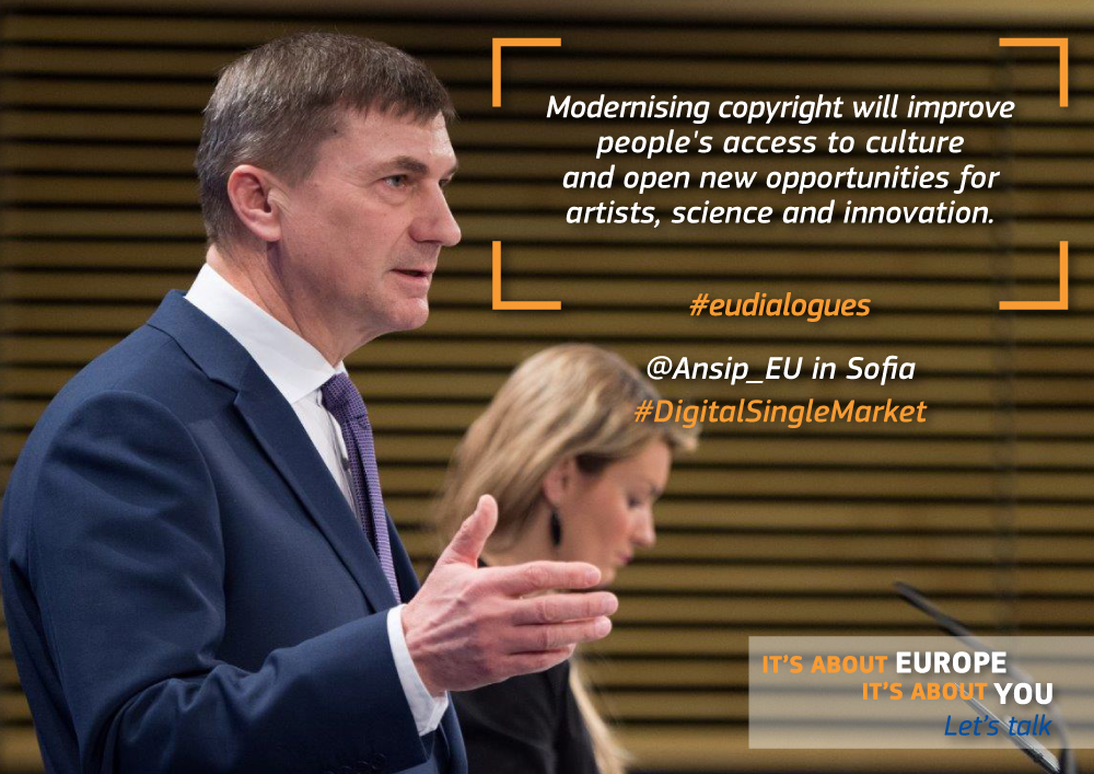 EU_Commission's tweet photo. Follow #EUdialogues with @Ansip_EU in Sofia on the #DigitalSingleMarket. Live at 13h30 CET: http://t.co/CAFb3InGWK http://t.co/dRcSrCYpq7
