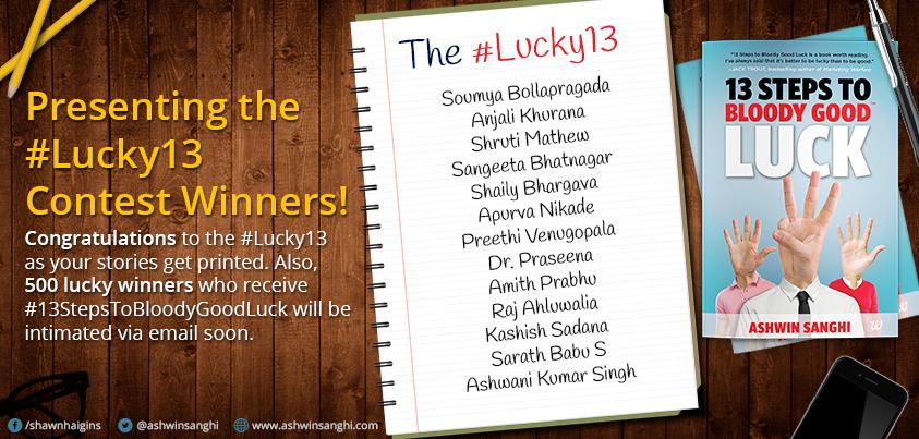 13StepSeries's tweet photo. Congrats @adhyakshJagriti for being 1 of the #Lucky13 winners. Your story gets printed in #13StepstoBloodyGoodLuck :) http://t.co/IbPyLx9Ki1