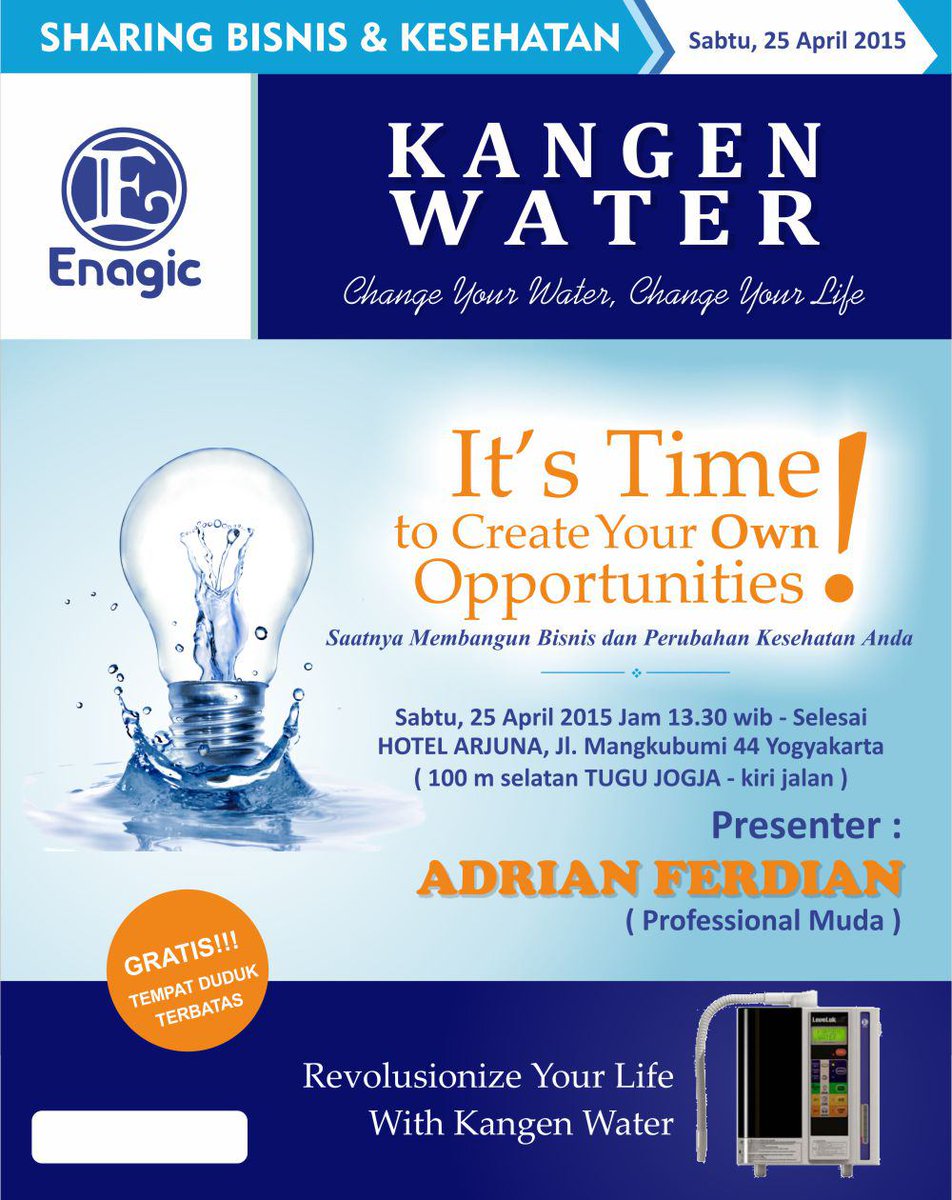 bwsajogja's tweet photo. #info | GRATIS! Sharing bisnis &amp; Kesehatan w/ Kangen Water TGL25/04/2015 - PIN 51F93BEE CP 085643490480 @Jogja24Jam http://t.co/4UzxjtfnKk