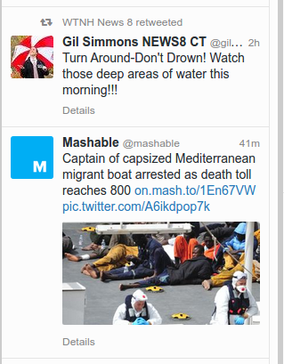 JBaileyNC's tweet photo. The odd/sad/unfortunate pairings you sometimes get in your Twitter feed. @Mashable @gilsimmons http://t.co/7TTZKLy0fo