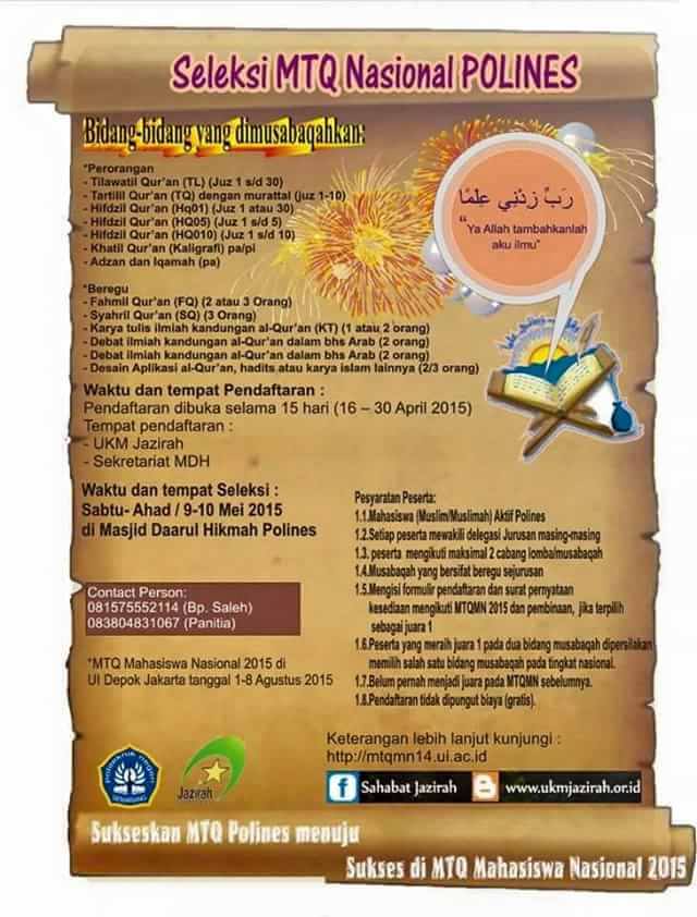 yuk bantu share ... seleksi MTQ nasional, pemenang akan diikutkan lomba mewakili polines di UI <a href="/KseiPolines/">polines-ksei</a>