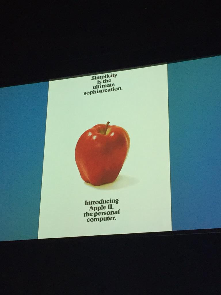evastattin's tweet photo. The very first real ad for Apple - and it still works. The principle is: no sacrifice @stevewoz #fbtb15 http://t.co/JTZHtN9KQi