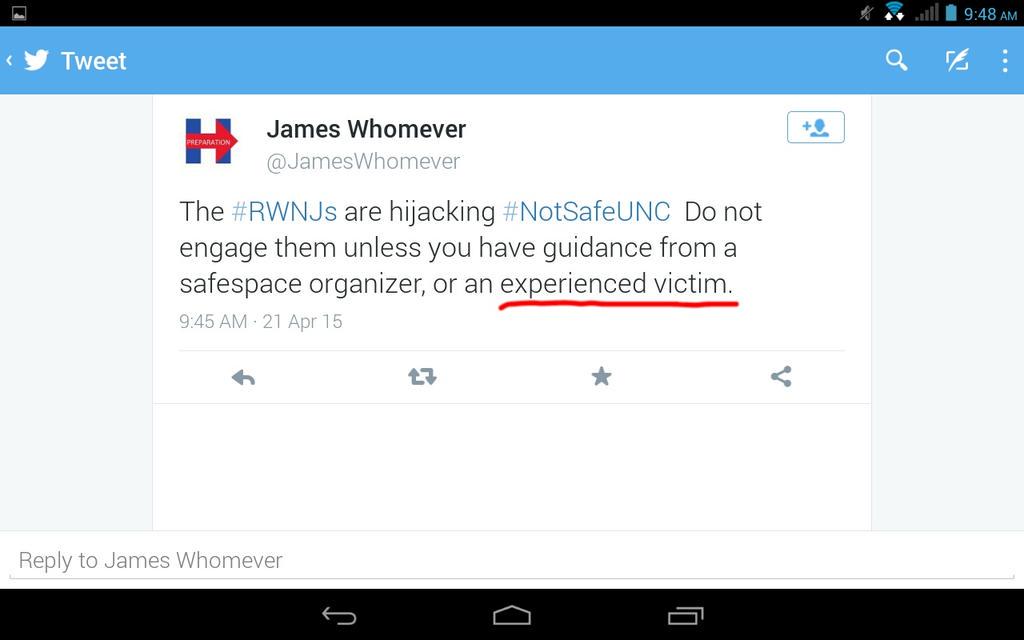 MT8_9's tweet photo. Do NOT engage non approved ideas w/o an "experienced victim" or "safespace organizer" to hold your hand!

#NotSafeUNC http://t.co/hpCSHUndhk