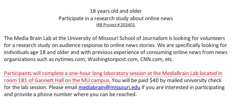 MUMediaBrainLab's tweet image. Want to make $40? @MUMediaBrainLab is recruiting participants to take our most recently launched study! #onlinenews