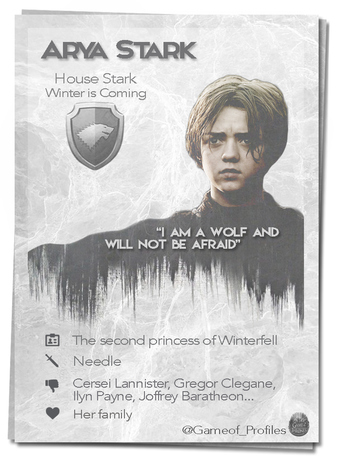 Gameof_Profiles's tweet photo. "I am a wolf and will not be afraid" Arya Stark #GoT #ProfileCard http://t.co/BhqopzusV8
