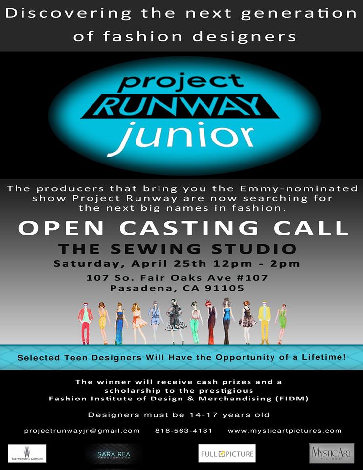 PasadenaGov's tweet image. Project Runway Jr open casting call 4/25 @ @sewingstudio. Designers 14-17yo. Win coveted prizes! #Pasadena