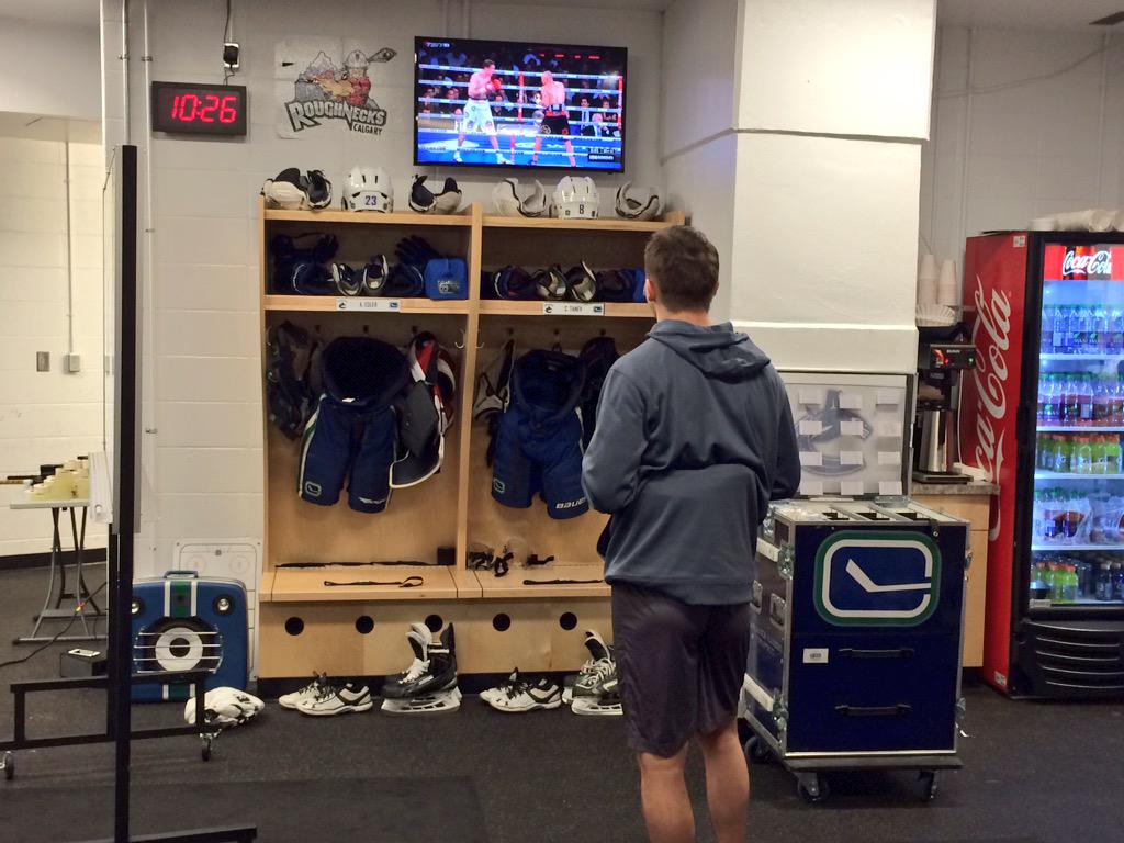 Canucks's tweet photo. Radim Vrbata watching film from Game 3 as #Canucks arrive at the Saddledome. http://t.co/MMrsx5aSG1
