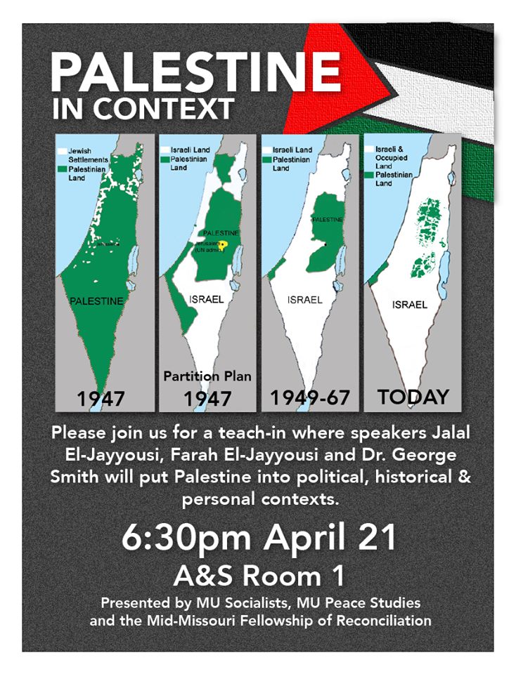 Tonight - come learn about Palestine from MU professors, students, and Palestinian voices! 6:30pm, A&amp;S room 1