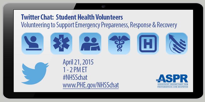 ASPRgov's tweet image. Starting in 5 min: Looking forward to the #NHSSchat on student health volunteers &amp;amp; disasters. PHE.gov/nhsschat