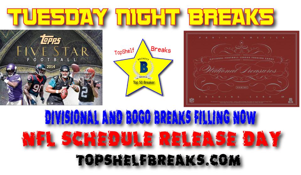 TopShelfBreaks's tweet image. RT Contest 2. #NFLSchedule release day! Random Rt wins card live 2 nite b4 breaks topshelfbreaks.com #AreYouIn