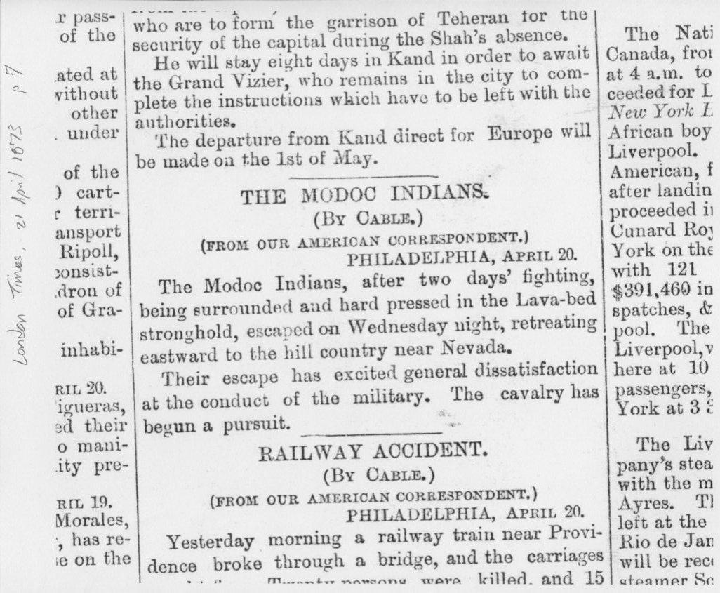 KlamathCoMuseum's tweet image. #TDIH London's @thetimes  reported on the #ModocWar @LavaBedsNPS - showing just how far this news traveled! #History