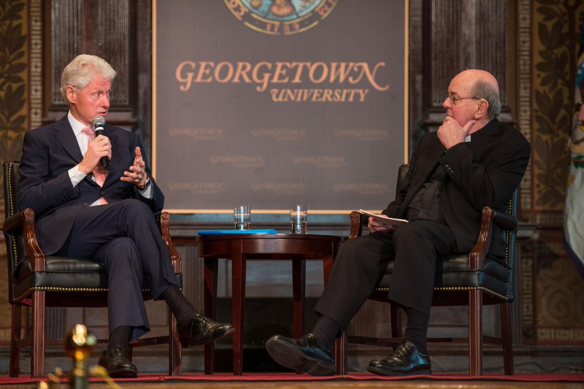Georgetown's tweet photo. Great to have @BillClinton (SFS'68) back at @Georgetown today. Watch replay http://t.co/BggRKyGkk6 #ClintonLectures http://t.co/GSLHCsmNM3