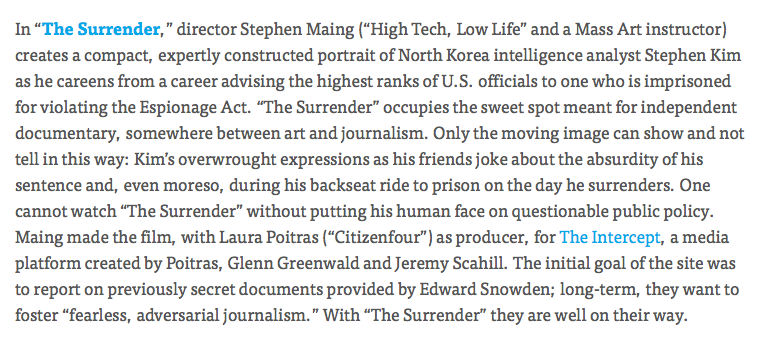 maassp's tweet photo. Awesome review of @mainmaing's The Surrender, short doc for The Intercept about Stephen Kim. http://t.co/MRDtjczrZp http://t.co/2HHWX0kcMd