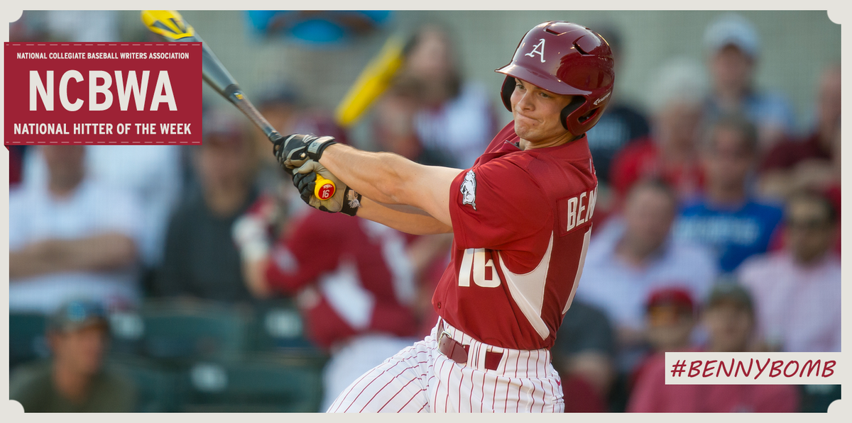 RazorbackBSB's tweet photo. BREAKING | Andrew Benintendi has been named the National Hitter of the Week by @NCBWA. #BennyBomb #Raking #OmaHogs http://t.co/Uw957c8H42
