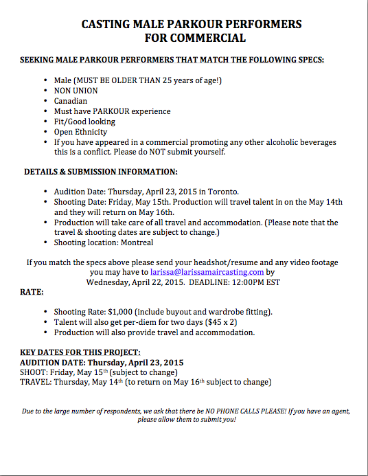 lmaircasting's tweet photo. LOOKING FOR PARKOUR PERFORMERS! 25+! Casting notice is attached! Deadline: TOMORROW (Wednesday, April 22) at 12:00pm! http://t.co/2r8ctMGqxO