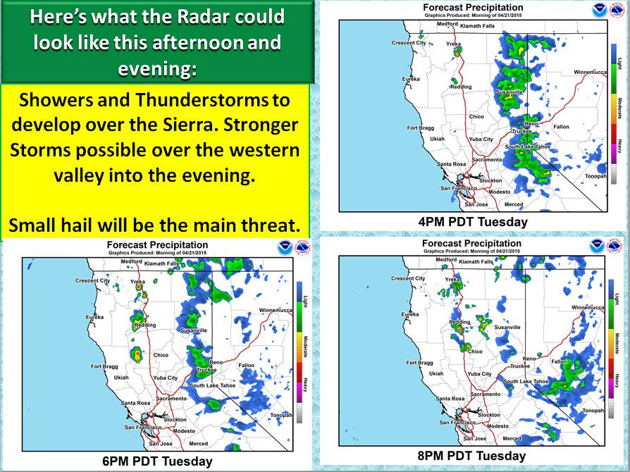 NWSSacramento's tweet photo. Showers and Thunderstorms possible over the Sierra and Western Valley later today. #cawx #sacwx http://t.co/Fz6NEfoFFA