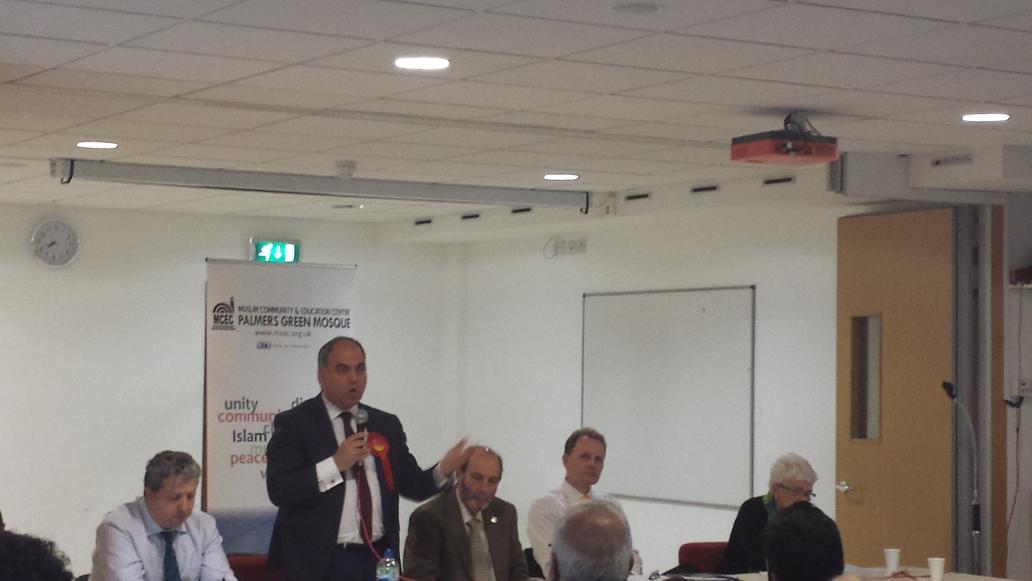 BambosMP's tweet photo. And we're off! The candidates begin the debate at Palmers Green Mosque #BackingBambos #GE2015 http://t.co/adrF0uQhYI
